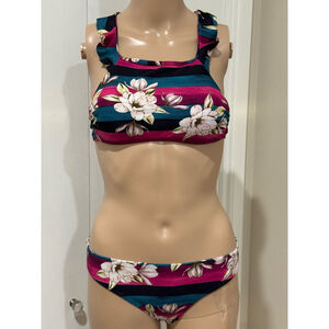 Women's Hula Honey Floral stripe Bikini Set Size S Pink Teal stripe ruffle